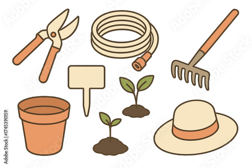 Essential set of gardening tools including shears, hose, rake, hat, pot, and seedlings