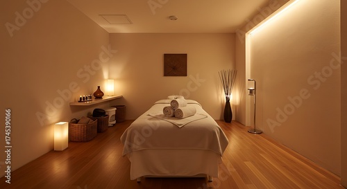 Relaxing Spa Massage Room with Warm Lighting and Minimalist Decor