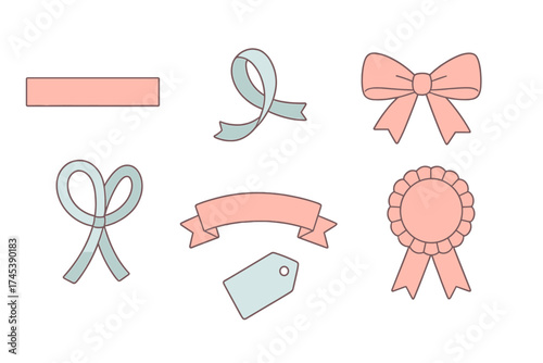 Decorative ribbons, bows, banners, and rosette badge in soft pastel colors
