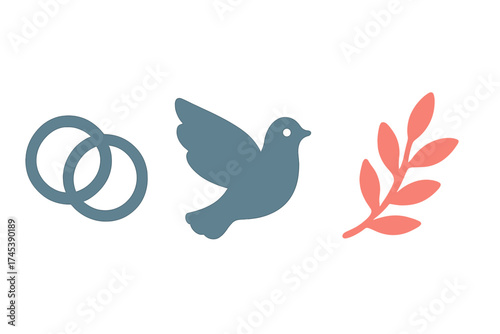Simple icons of wedding rings, dove, and leafy branch symbolizing love, peace, and commitment