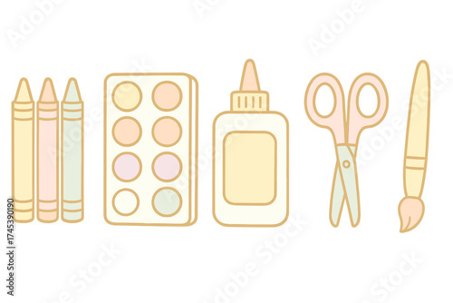 Row of essential school and craft supplies including crayons, paint, glue, scissors, and brush
