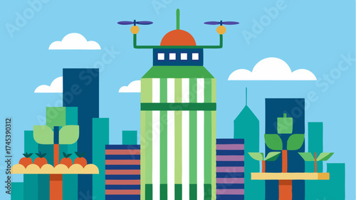A community farm atop a skyscraper utilizing vertical farming techniques automated harvesting drones and monitoring systems providing live updates on crop health.