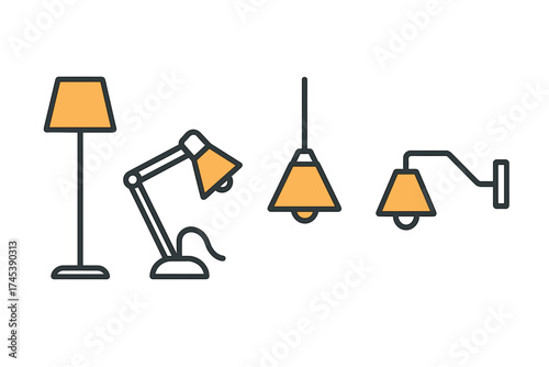 Home lighting fixtures set including floor lamp, adjustable table lamp, hanging pendant, and wall light