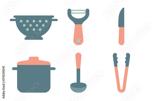 Essential cooking utensils set including pot, colander, knife, peeler, ladle, and tongs