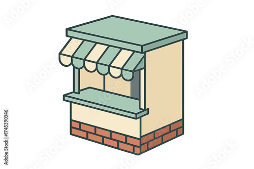 Isometric small outdoor retail kiosk building featuring striped awning and service counter
