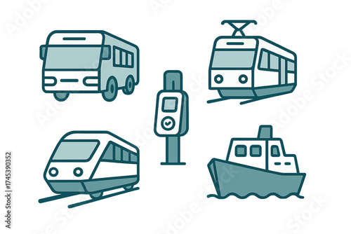 Collection of public transit symbols including bus, tram, train, ferry, and ticket validator