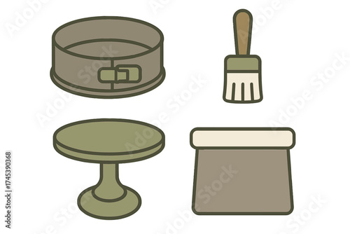 Essential baking and pastry tools collection featuring cake pan brush stand and scraper