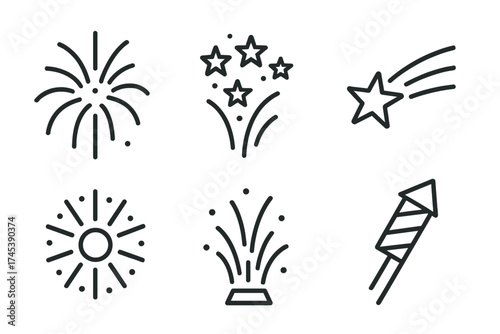 Minimalist outline icons depicting various celebratory fireworks explosions and rocket launch