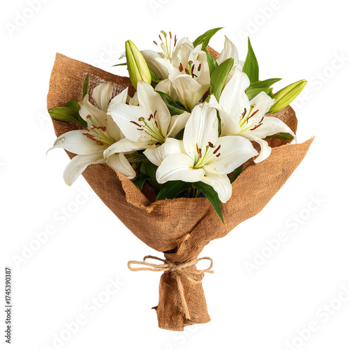 A beautiful bouquet of white lilies, elegantly wrapped in burlap and tied with twine, isolated on a transparent background, perfect for celebrations and floral arrangements