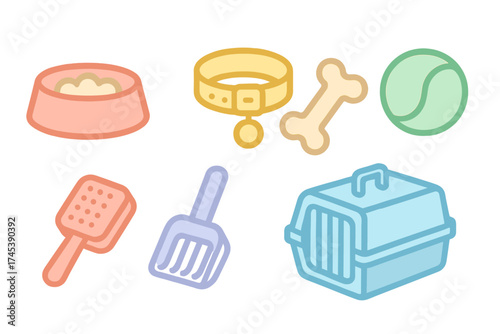 Colorful collection of essential supplies for pet care including food bowl collar and carrier