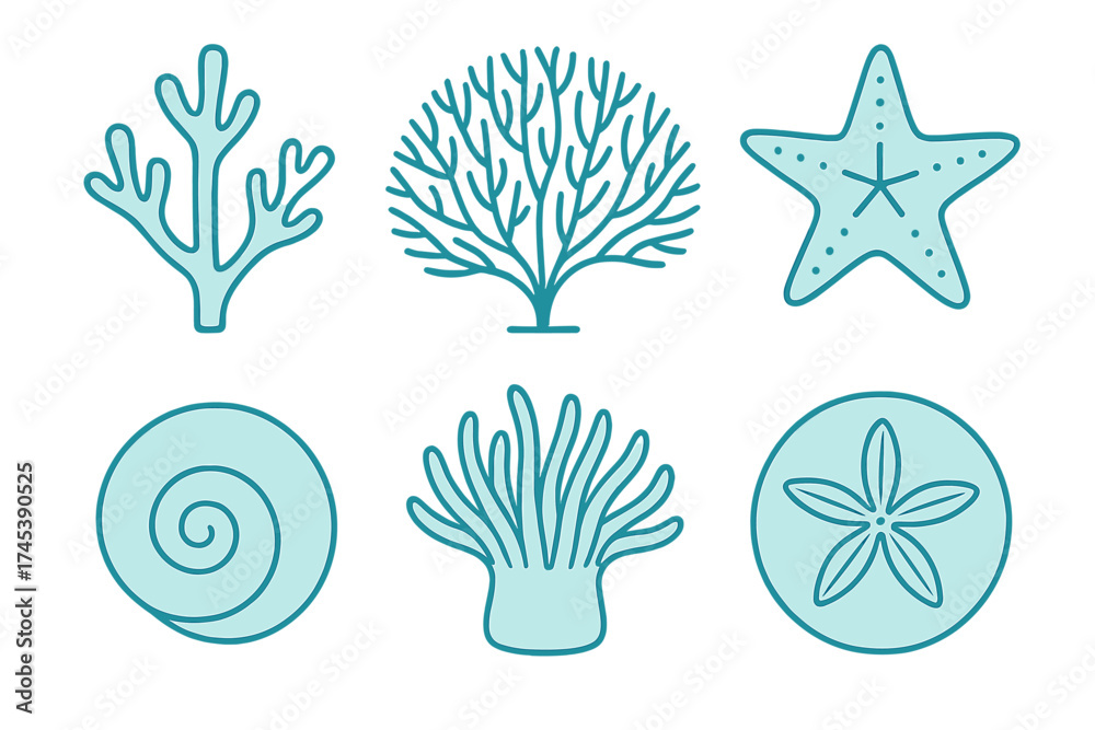 Fototapeta premium Six turquoise marine life icons: coral, starfish, sea anemone, sand dollar