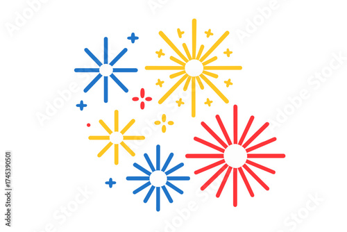 Abstract colorful fireworks pattern with red, yellow, and blue bursts on a white background