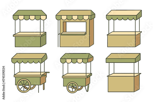Set of outdoor market stalls, vendor kiosks, and food service pushcarts with green awnings
