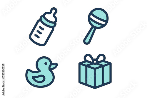 Essential baby items including feeding bottle, toy rattle, rubber duck, and present box