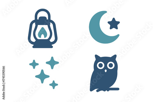 Stylized icon set featuring night, nature, and camping elements: lantern, owl, moon, and stars