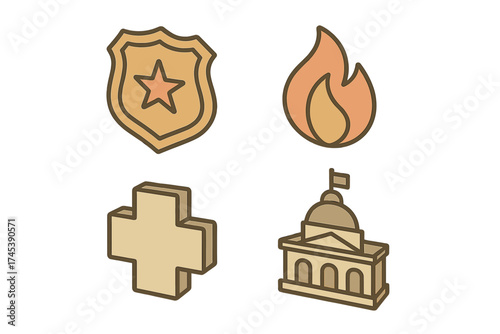 Stylized icons for essential public services including law enforcement, emergency medical care, fire, and government administration