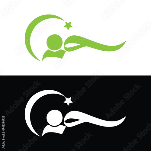 Relaxed Person Figure, Star, and Crescent for Sleep, Travel, and Wellness Brand Identity Vector, Modern Abstract Design for Sleep and Vacation Service, Green Wellbeing Icon with Success Star