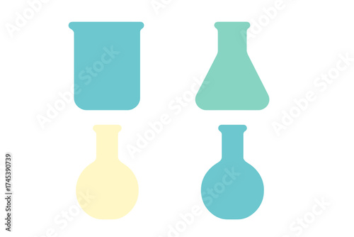 Set of four stylized laboratory glassware shapes including beaker and various flasks in pastel colors