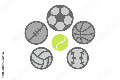 Five popular sports balls set including soccer basketball tennis football and baseball
