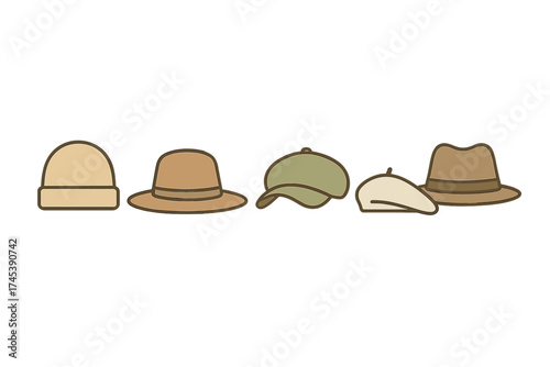 Set of various headwear styles including beanie, fedora, cap, and beret in earthy tones