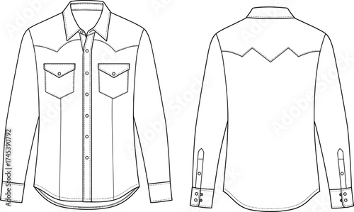 Western shirt technical sketch, long sleeve shirt template, fashion flat drawing, front back view, pointed yoke, chest pockets, button cuffs
