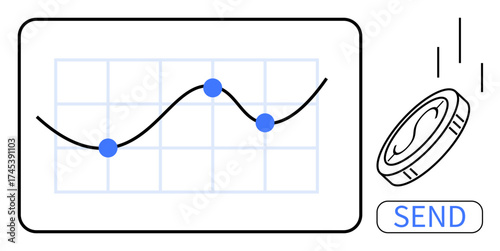 Chart with curve and nodes on grid beside falling coin and send button. Ideal for finance, investment, digital payment, cryptocurrency, analytics, business growth, simple flat metaphor