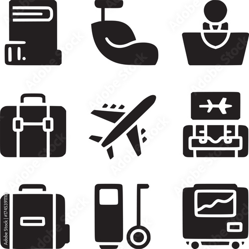Black and white vector icons depicting travel related items and airport services in a grid layout