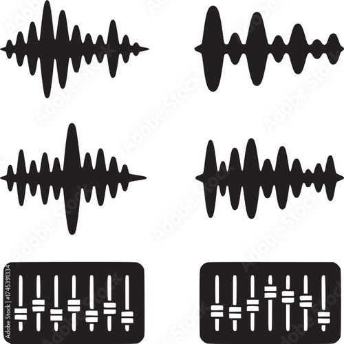 Black audio waveforms and equalizer sliders displayed on a white background in a graphic style