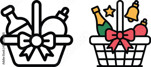Christmas gift basket icon with outline and color versions