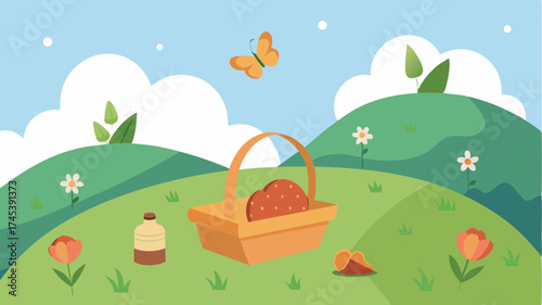 A cozy picnic layout on a grassy hill featuring a blanket spread out with a basket surrounded by blooming flowers and butterflies.