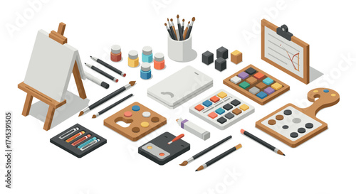 Isometric art supplies set with easel, palette, paints, and brushes for creative projects