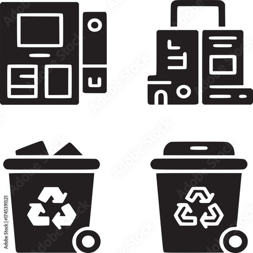 Depicts office equipment with a printer and recycling bins in a solid black and white design