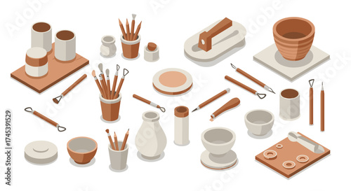 Ceramic crafting tools and pottery equipment in isometric style