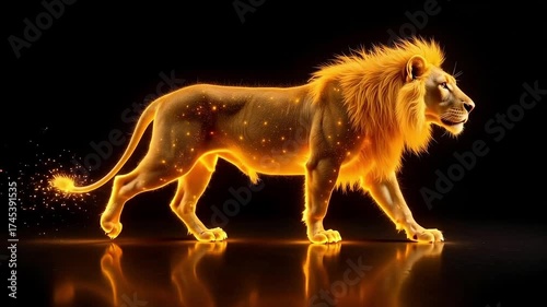 Majestic lion illuminated by fiery golden light, exuding power and strength against a dark background.