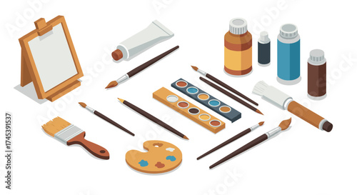 Artistic supplies in isometric style paints, brushes, and easel for creative projects