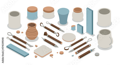 Pottery tools and vases in isometric style for artistic crafting scenes