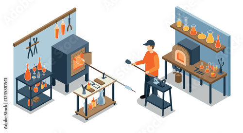 Isometric glassblowing workshop scene with artisan crafting glass art