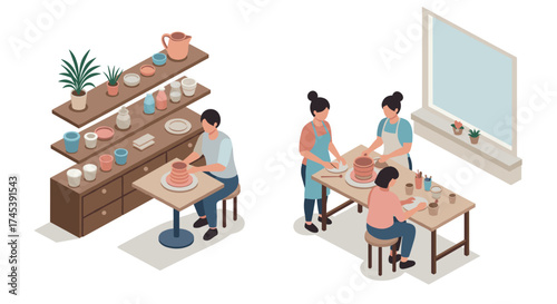 Isometric pottery workshop scene with artists crafting ceramics in a studio setting