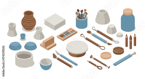 Ceramic pottery tools and equipment in isometric style for creative crafting enthusiasts