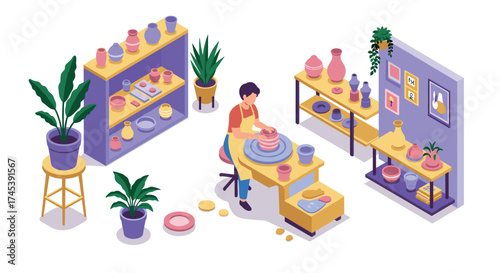 Isometric pottery workshop with artisan and ceramic vases in a creative studio scene