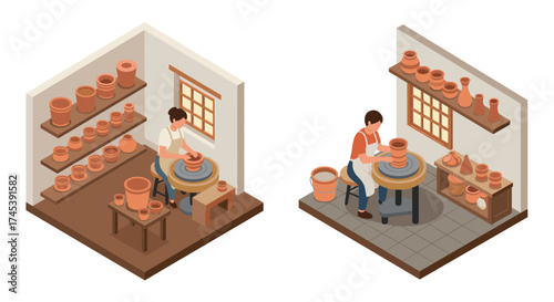 Isometric pottery studio scene with artists working on clay creations