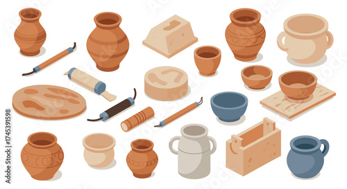 Colorful isometric pottery collection with clay modeling tools