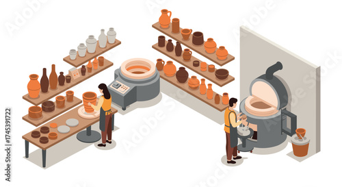 Isometric pottery studio with artists crafting ceramics and using kiln
