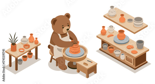 Isometric bear pottery workshop with cute bear creating clay vases