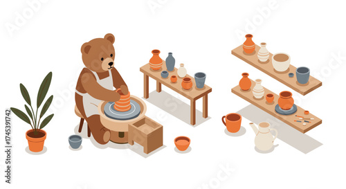 Cute bear potter crafting clay in cozy workshop with pottery and plants