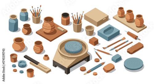 Isometric pottery workshop tools and clay crafting essentials for artisans