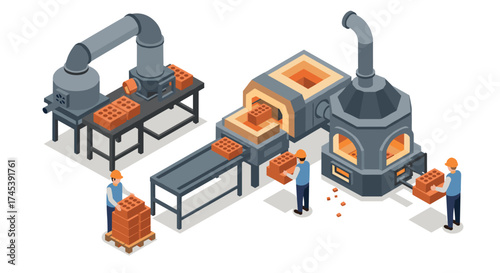 Isometric factory with workers and brick making machines on white background