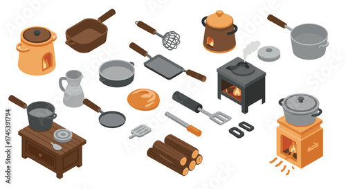 Isometric rustic kitchen tools set featuring vintage cookware and utensils on white background