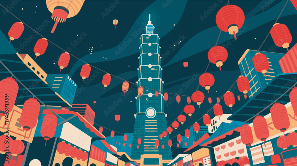 Obraz premium Illustration Of Taipei's Towering Skyscrapers With A Night Market Full Of Red Lanterns Vector Design Template