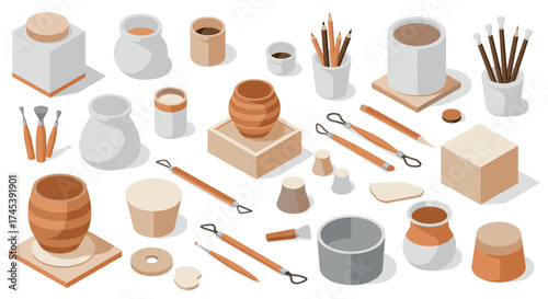 Creative pottery and sculpting tools in isometric view